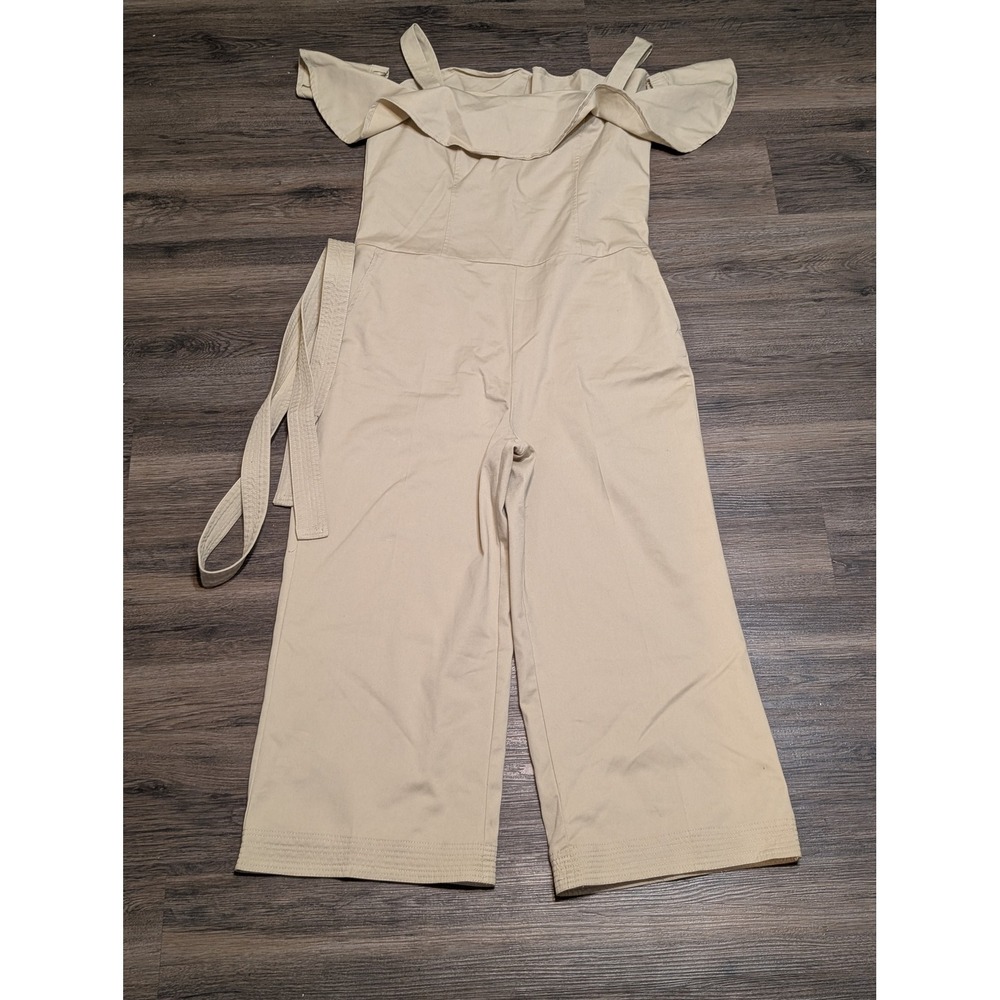 Banana Republic Tan Wide Leg Off‎ Shoulder Jumpsuit Belted Culotte Size 14
